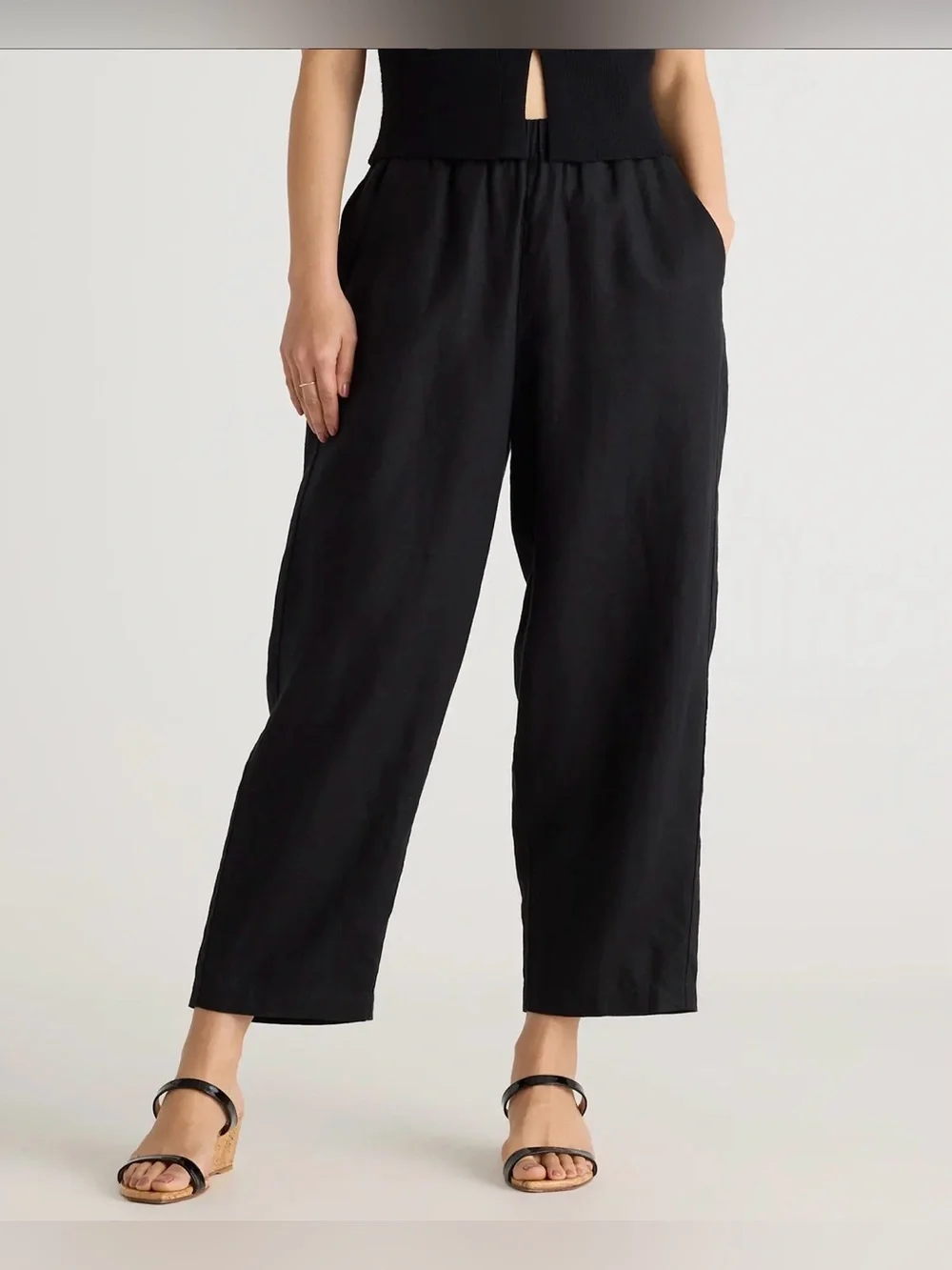 Quince Black Elastic-Waist Linen Crop Pants